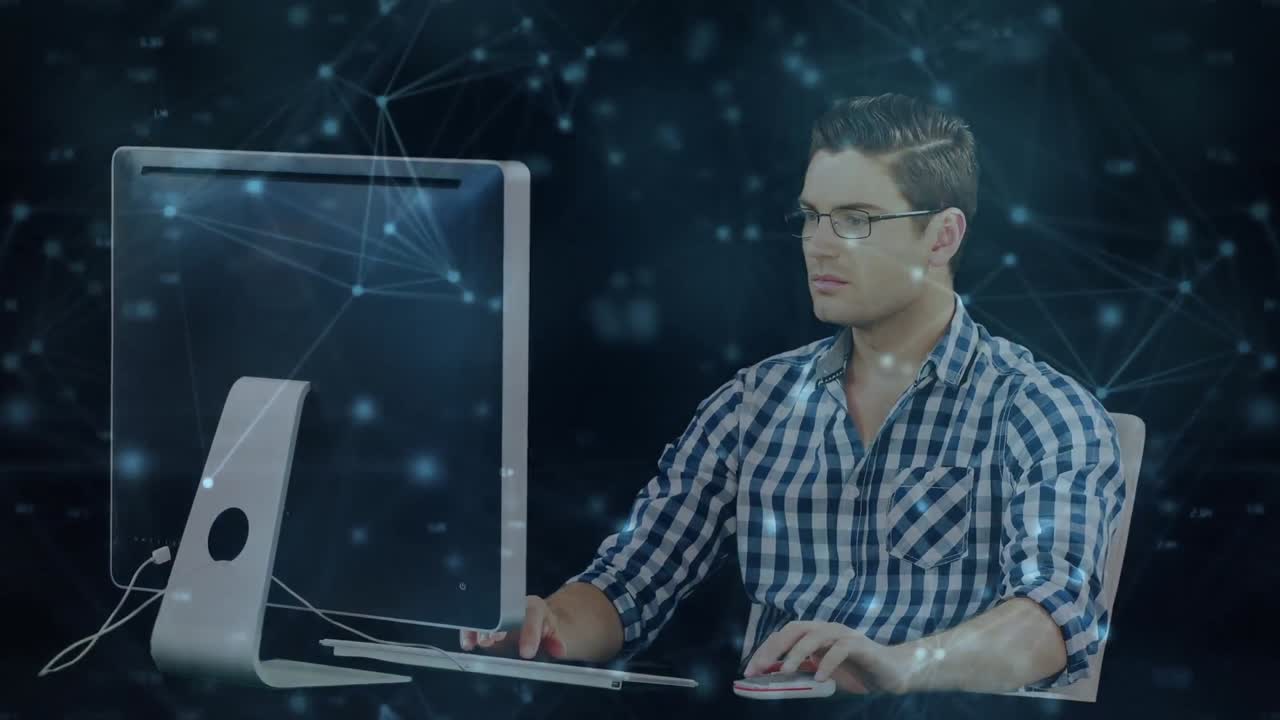 컴퓨터를 사용하여 코카시안 사업가에 대한 연결 네트워크의 애니메이션