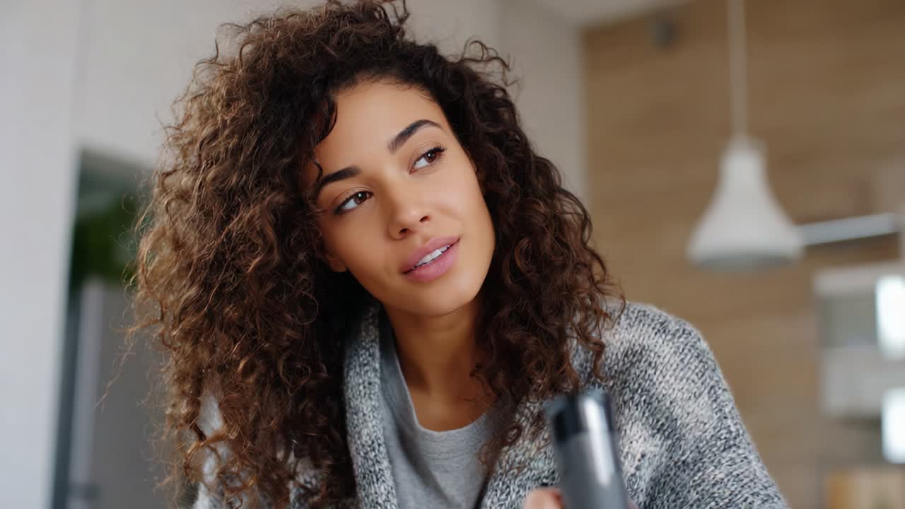 A young woman with beautiful curly hair is sitting thoughtfully in a cozy, modern living space, holding a device while looking off into the distance as she contemplates her next move or decision