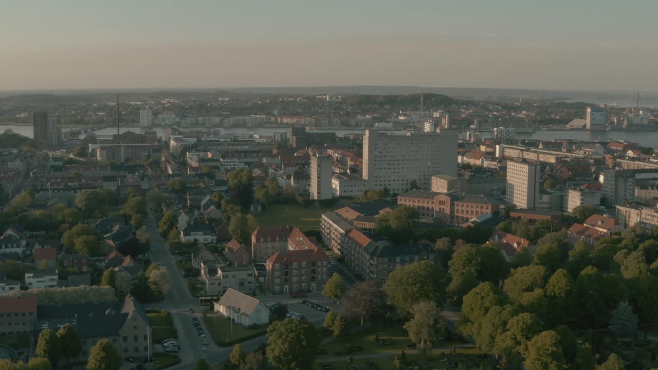 Flying over the city of Aalborg with drone