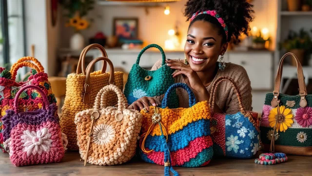 Skilled artisan displaying handmade crochet bags, highlighting intricate design and personal creative passion in handcrafted accessories