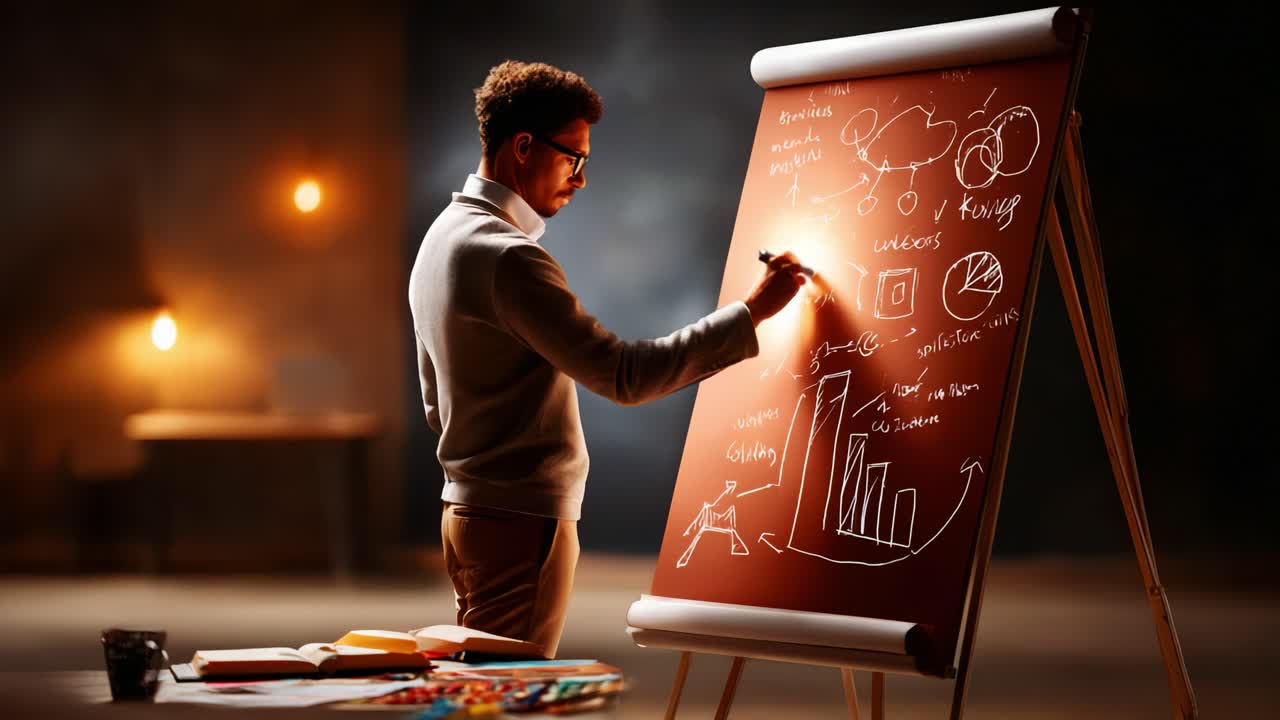 A focused individual conceptually illustrating ideas on a brown flip chart, highlighting graphs and brainstorming techniques in a dimly lit creative workspace