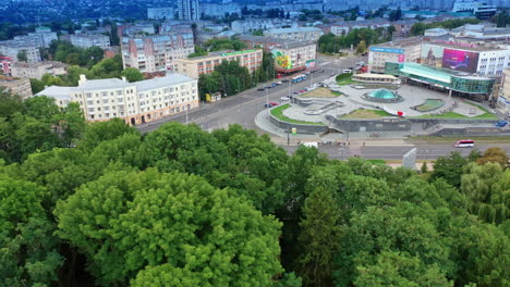 fork in the road in the downtown. urban architecture combined with lush greenery. aerial view.