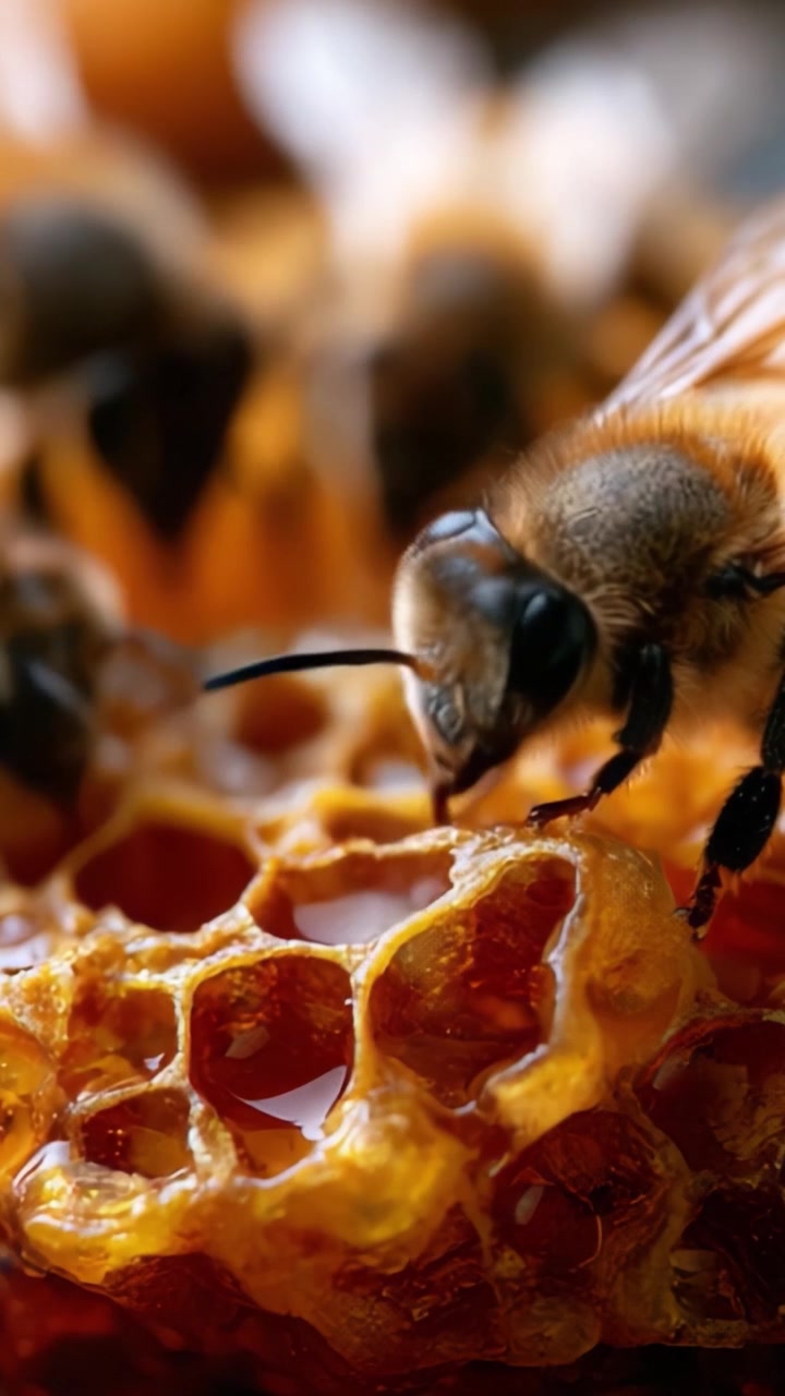 Intricate Close-Up of Bees Interacting with Honeycomb, Capturing Their Diligent Work Amidst Golden Honey Richness and Nature's Wonders
