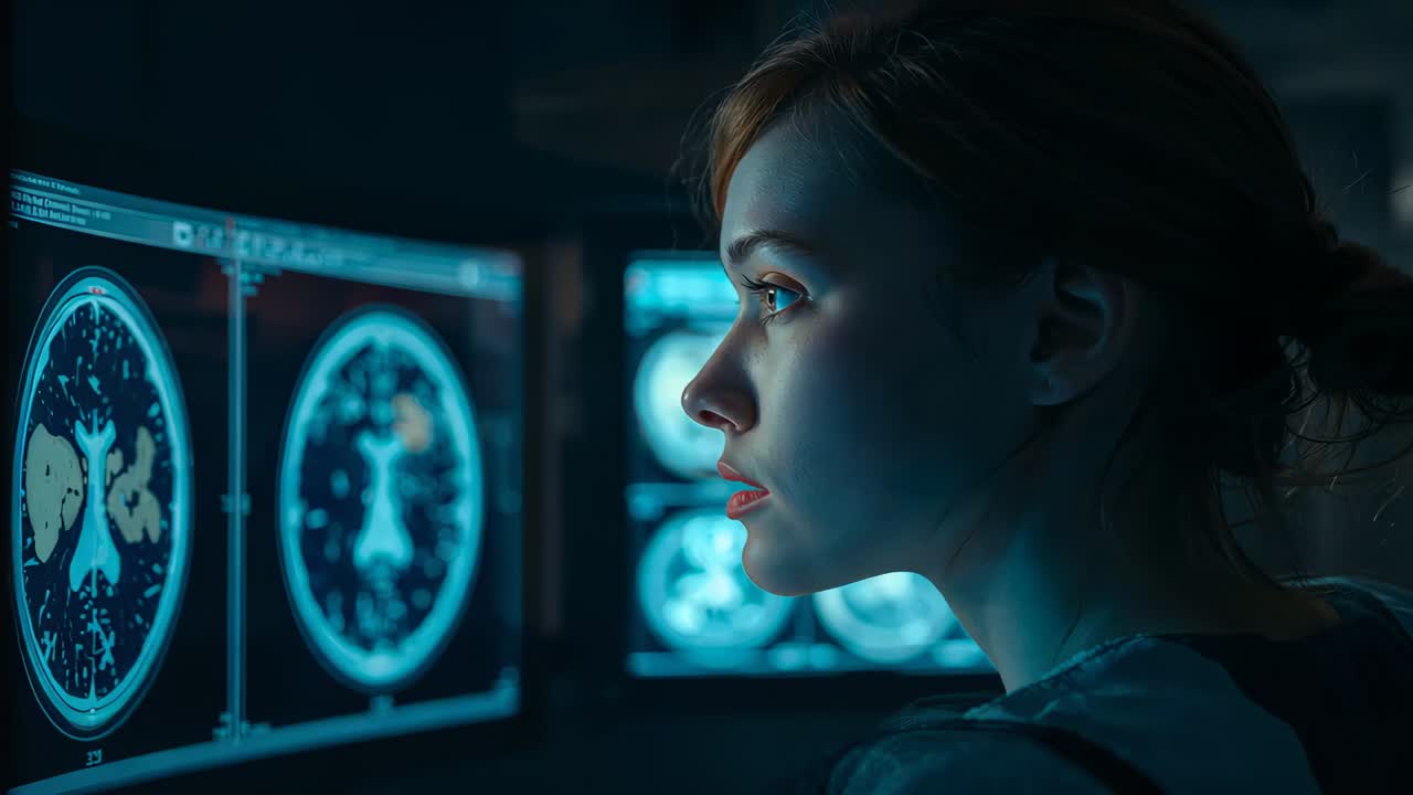 Medico in camice che studia scansioni assiali del cervello per una diagnosi mentre i monitor si aggiornano, spazio per il testo
