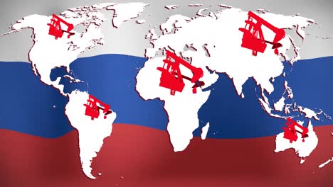 animation of world map with pump jacks over flag of russia