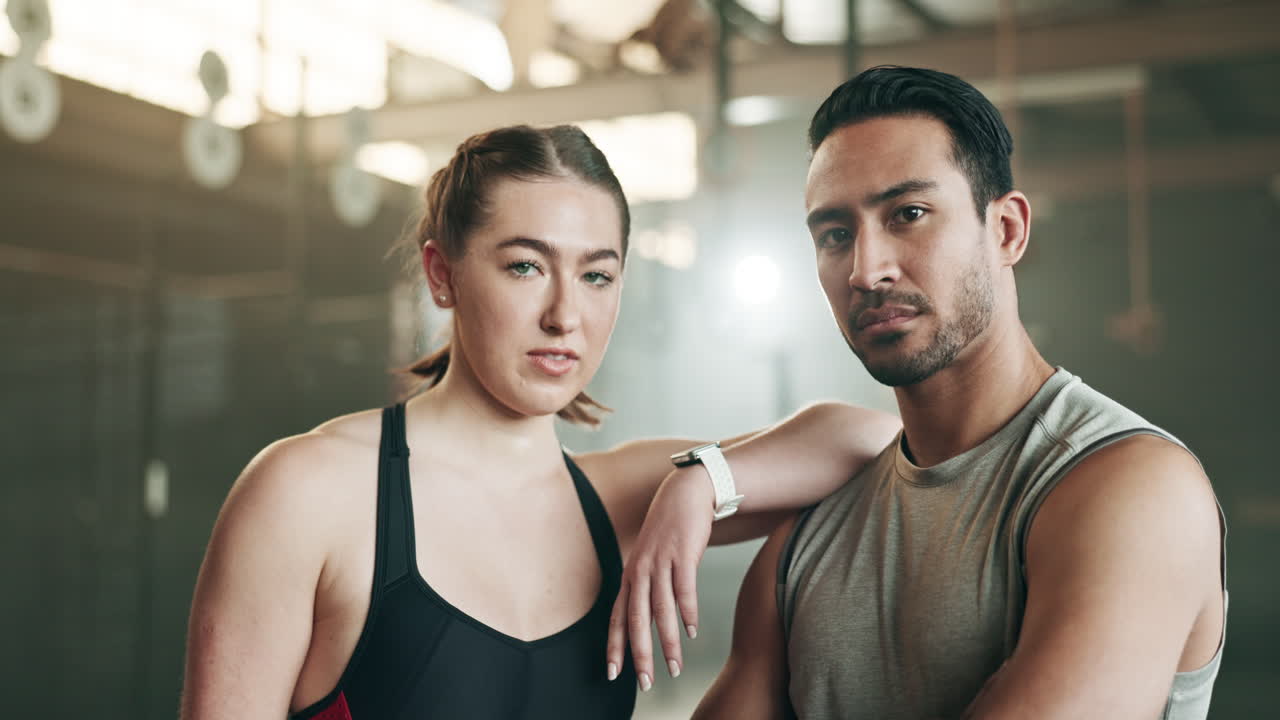 피트니스, 친구 및 자신감으로 체육관에서 얼굴