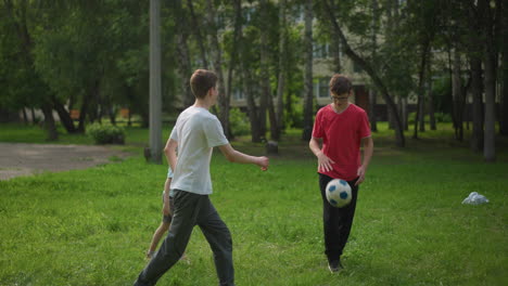 three siblings engage in a playful competition on a grassy field, with the eldest holding the ball as his younger siblings try to get it from him