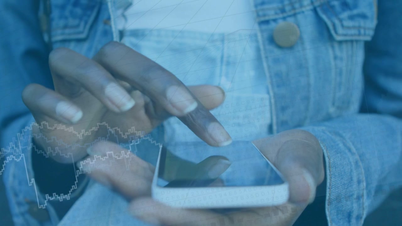 Woman holding phone and tapping screen, viewing finance data as line graph overlay growing on hands