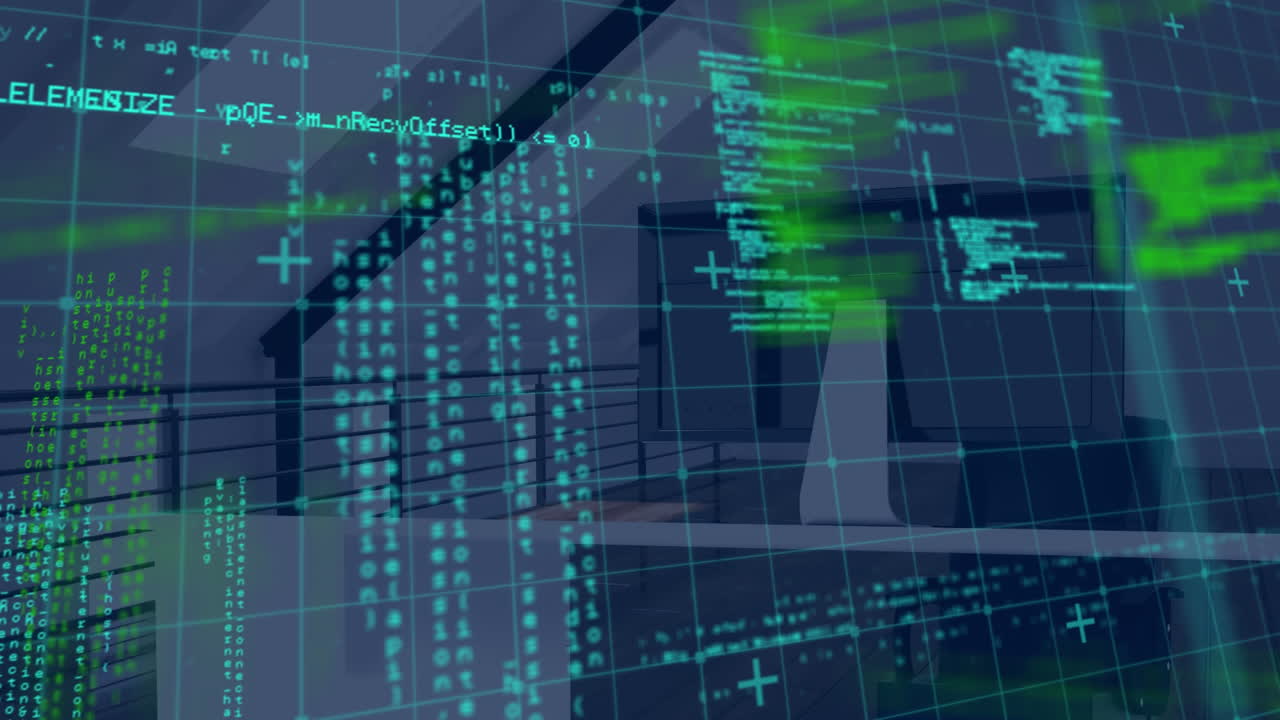 Animation of data processing over empty office on blue background