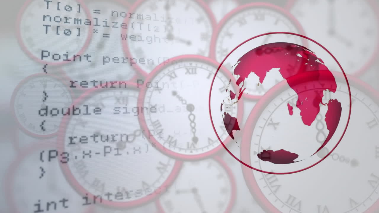 Animation of data processing and globe over clocks moving
