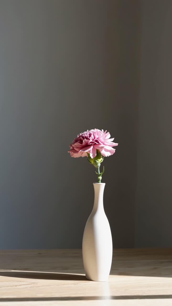 Minimalist video concept featuring a pink flower in a white vase