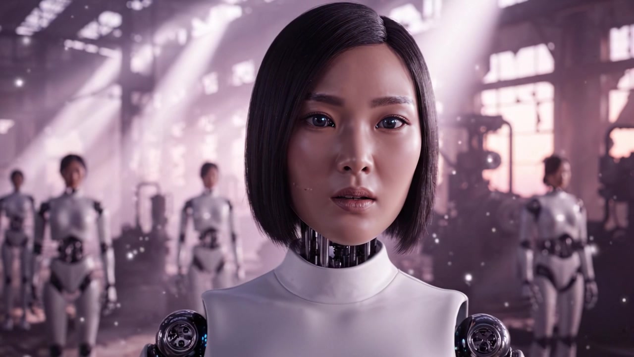 薄暗い工業地帯で、穏やかな表情の人型ロボットが他のロボットの姿に囲まれている未来的な描写。先進技術を際立たせています