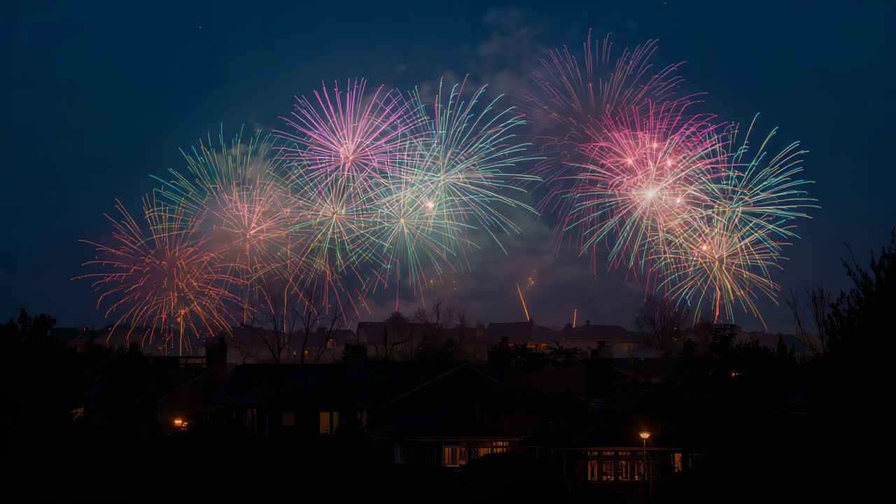 Igniting firework rockets sending pastel pink blooms and smoke plumes across sky above rooftops