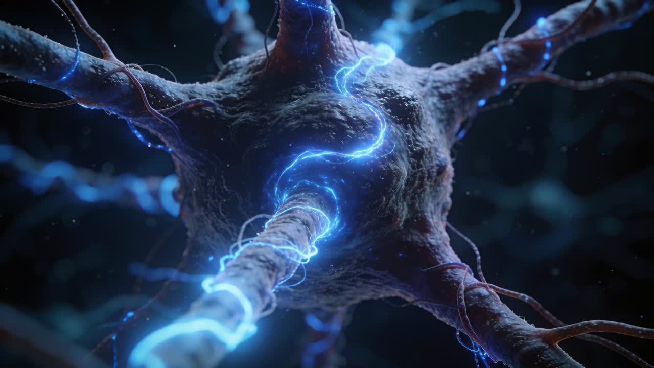 Neuron receiving glowing axon pulse and sending spiraling blue signal into soma, for medical study