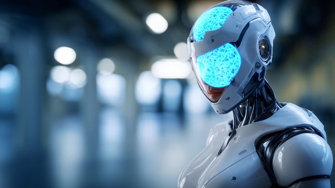 Robot umanoide futuristico raffigurato con un design elegante, che mostra tecnologia avanzata e intelligenza artificiale in un ambiente moderno e high-tech