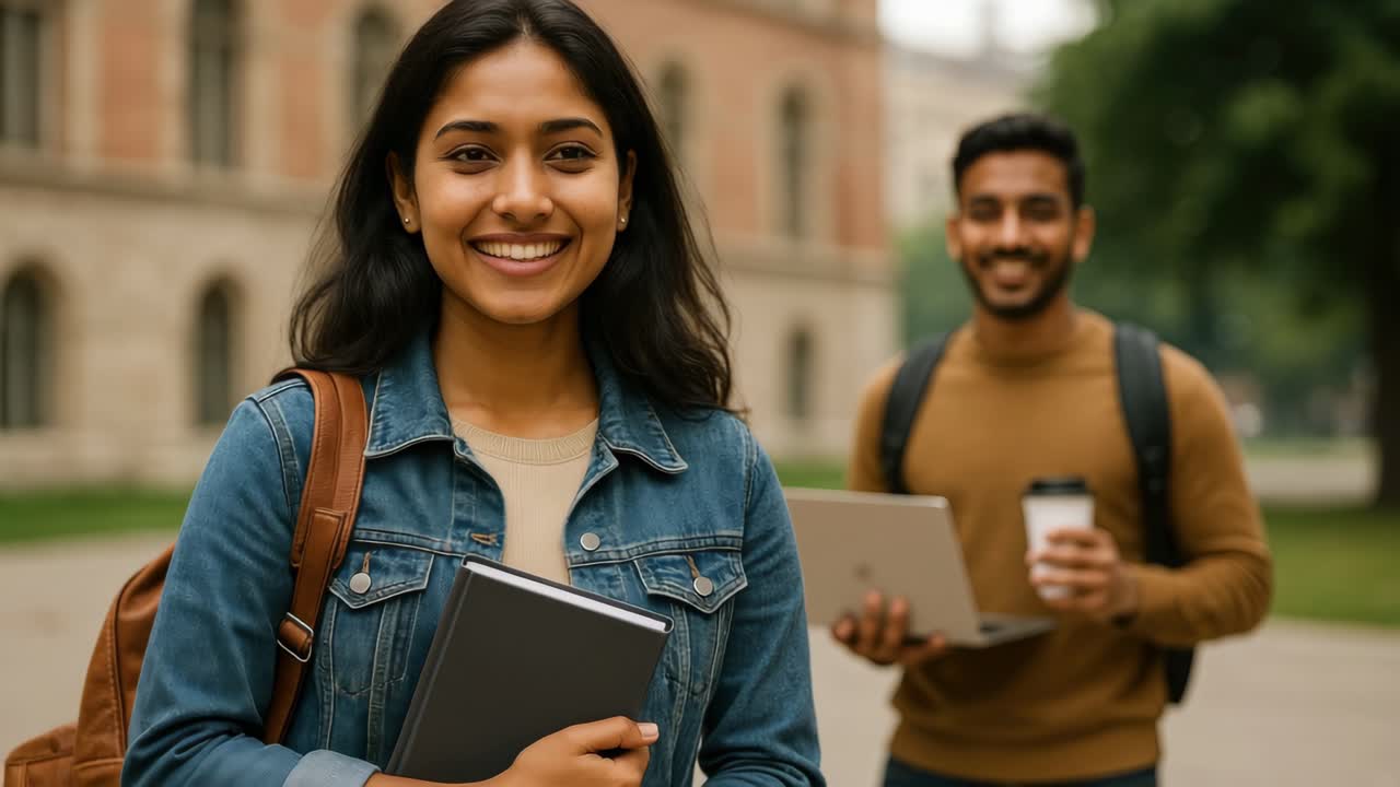 A cheerful video scene of two students outdoors, smiling with books and coffee
