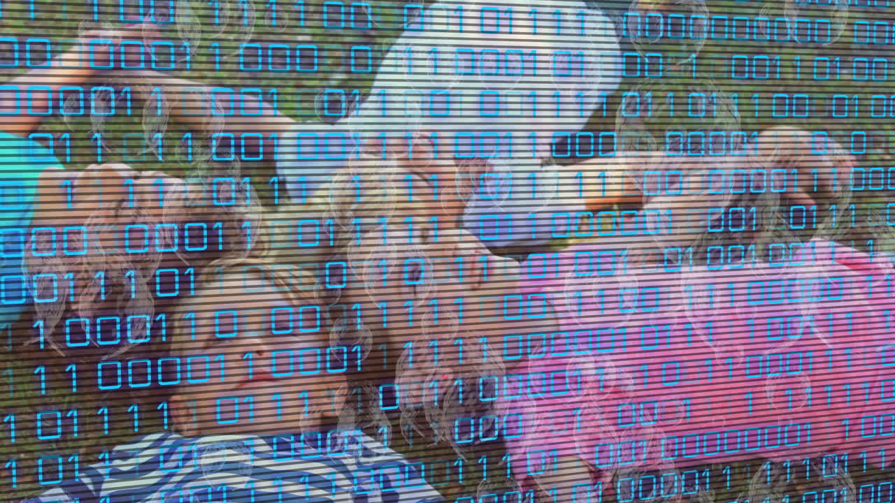 Binary code animation over diverse group of people taking selfie outdoors