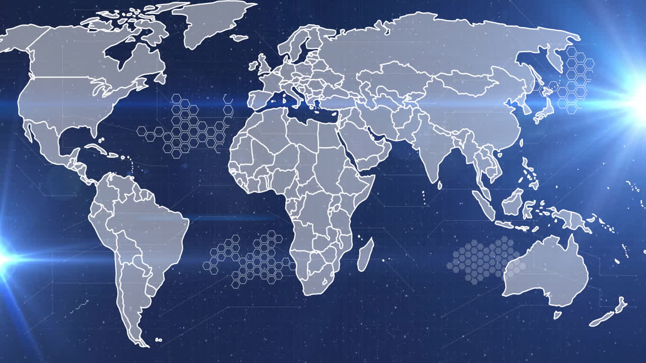 animación del procesamiento de datos financieros sobre el mapa del mundo sobre un fondo oscuro