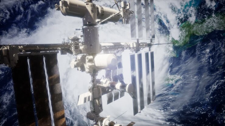 A view of the Earth and a spaceship. ISS is orbiting the Earth