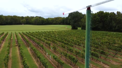 Tiro-Ariel-De-Viñedo-Con-Molino-De-Viento-En-Primer-Plano,-Clemmons-Nc