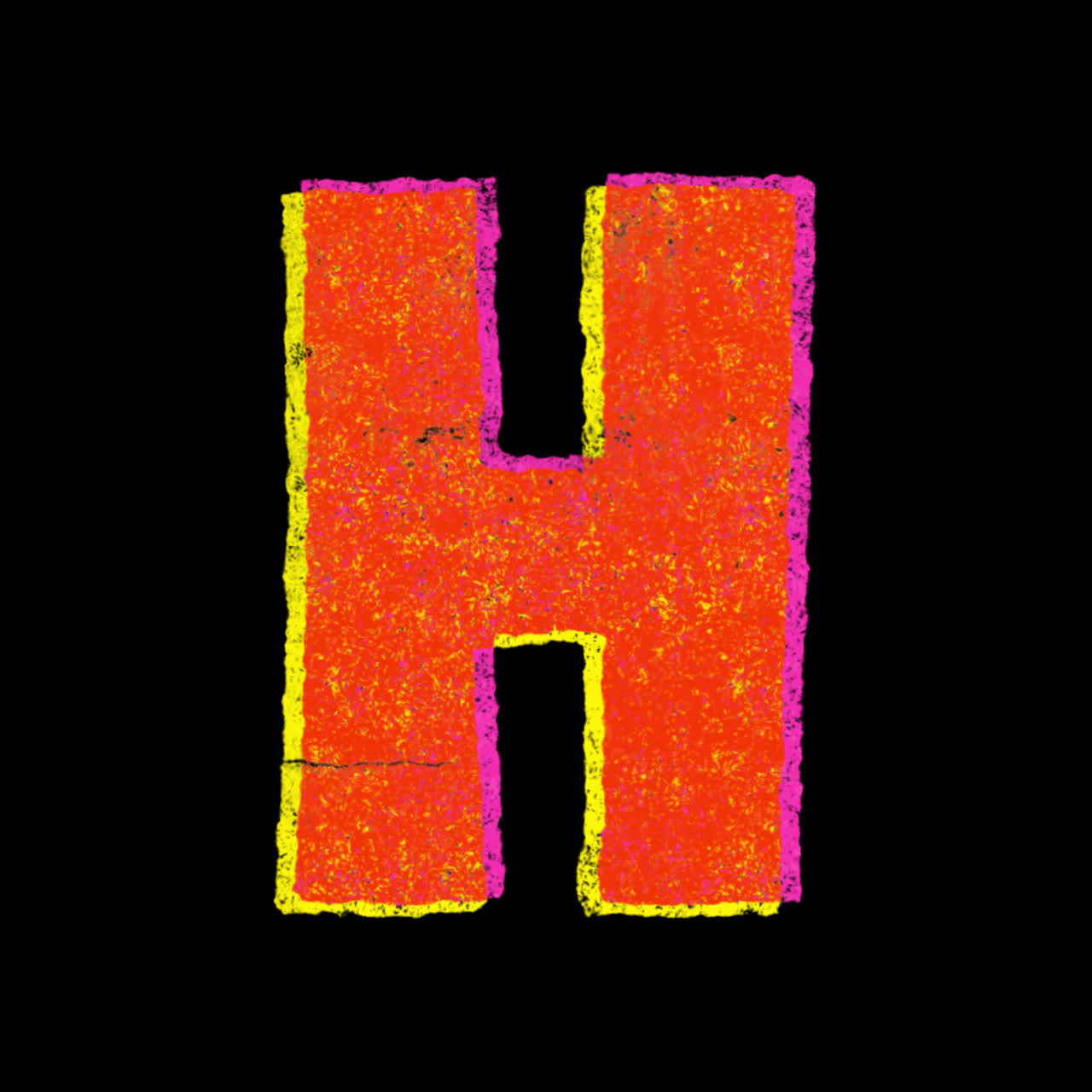 Lettera H grunge testurizzata e colorata su sfondo nero.