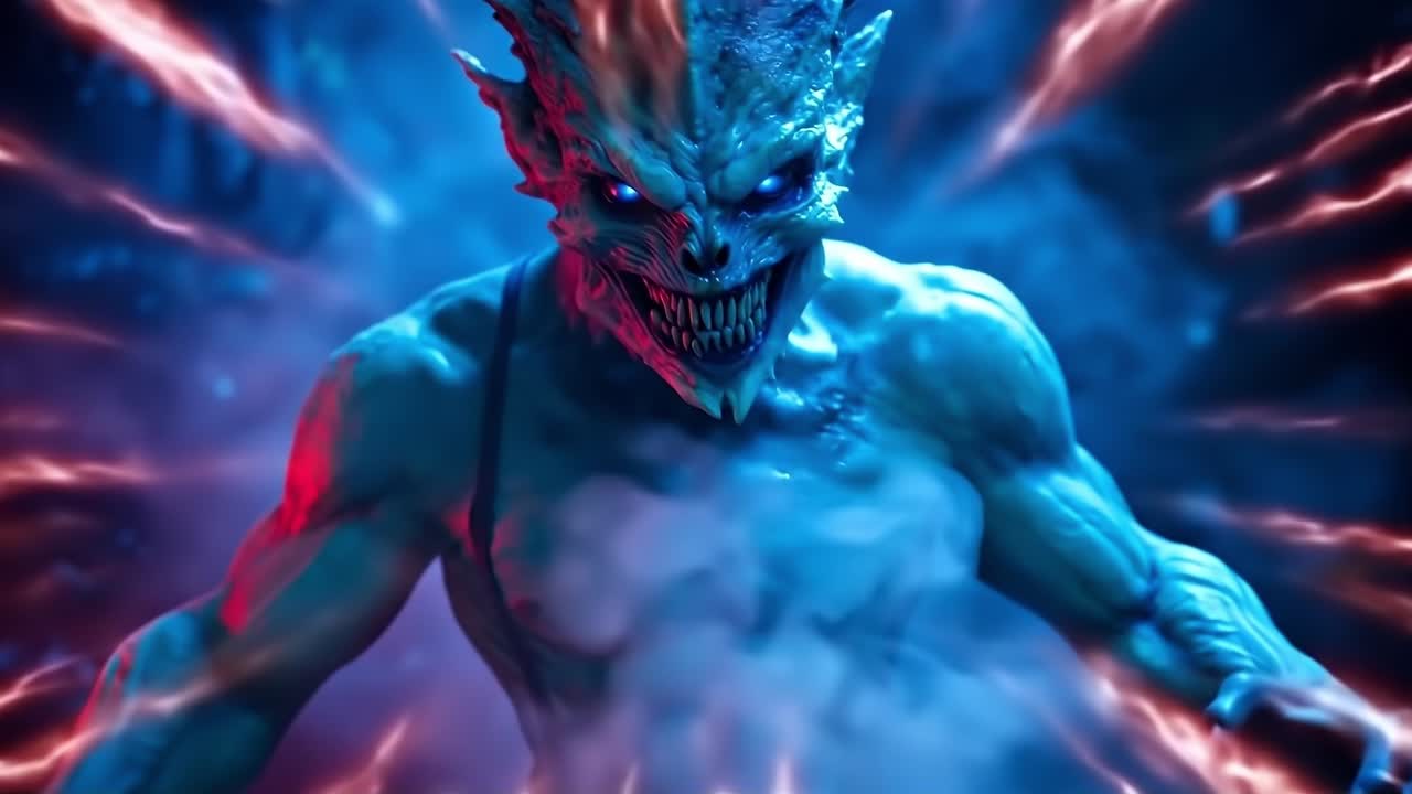 A man with blue eyes and a white face in a dark room