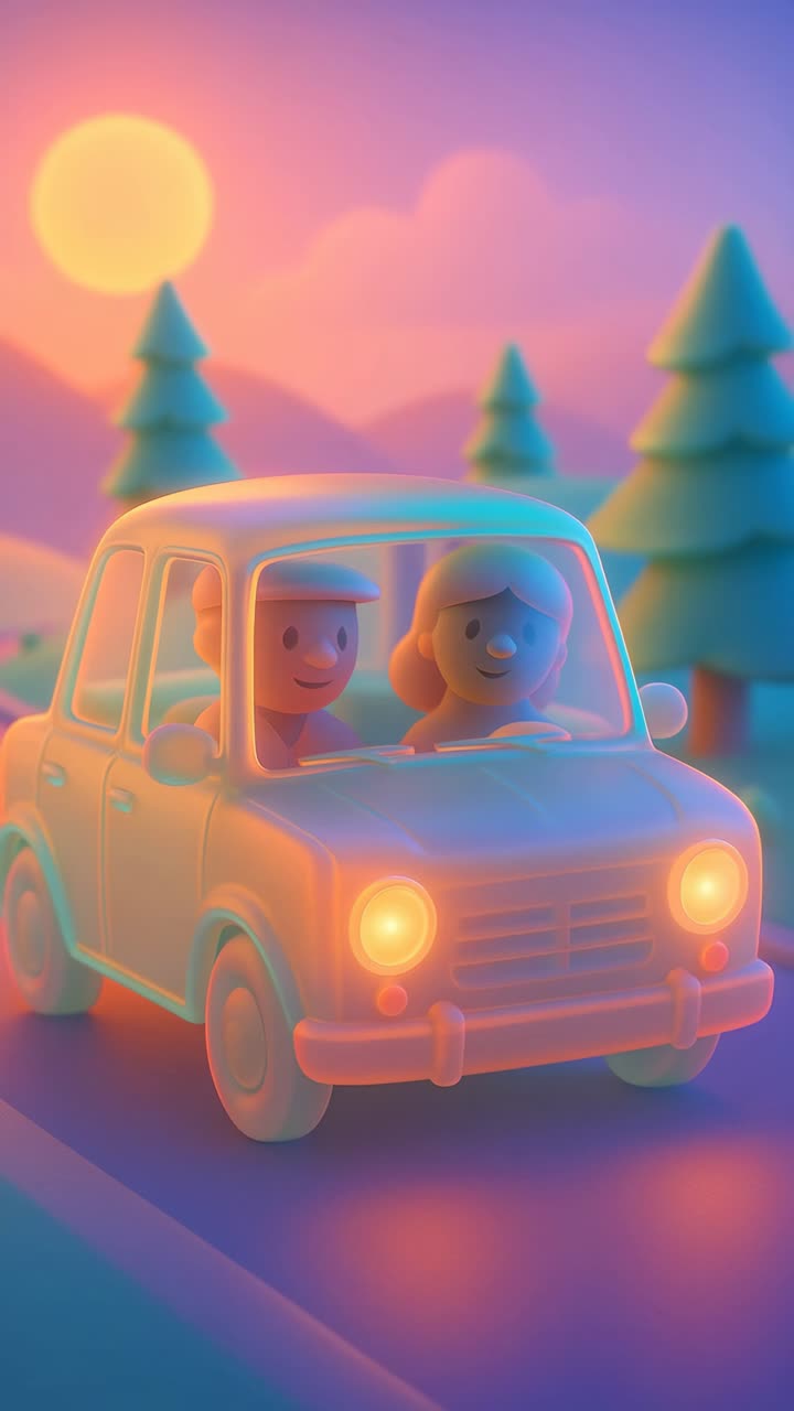 Sfondo animato per cellulare adorabile. Animazione 3D stravagante di una coppia che guida un'auto al tramonto, visto da lontano