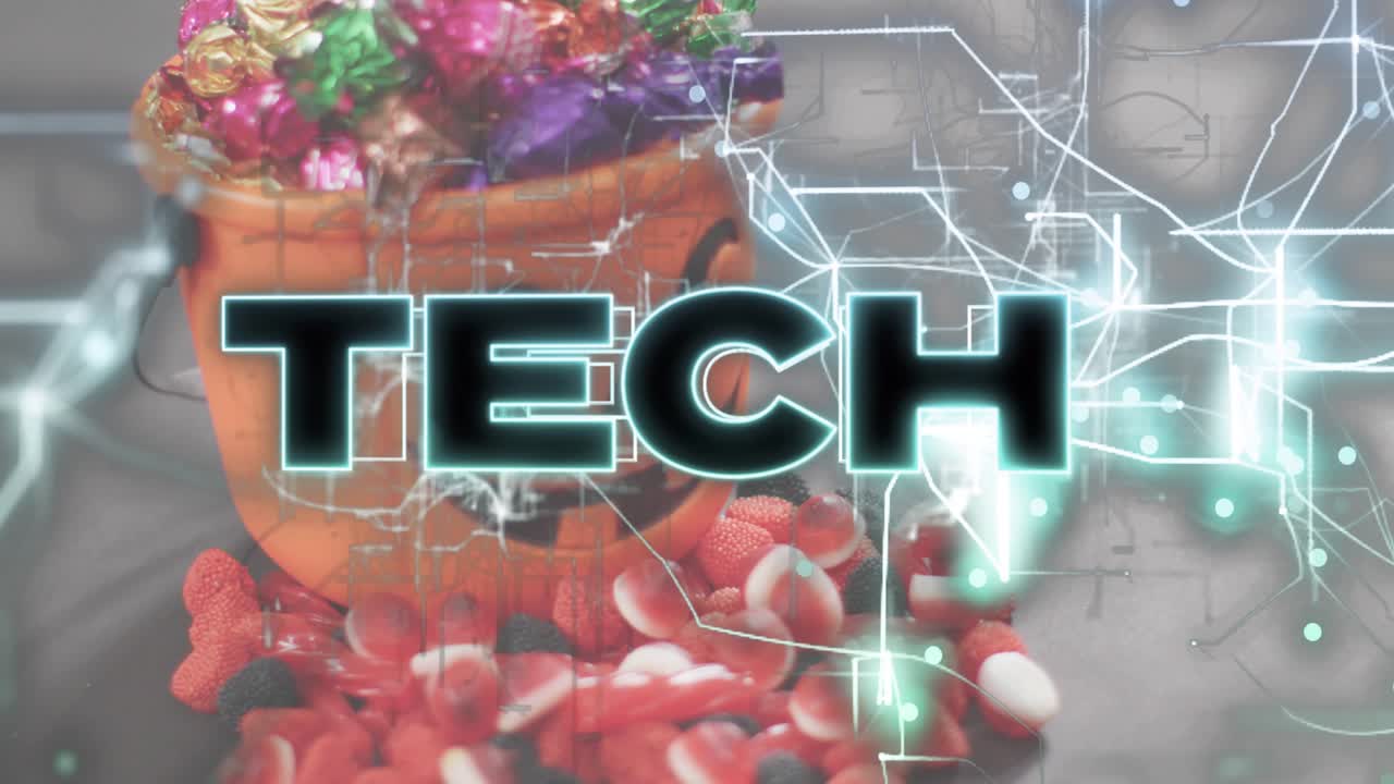 Circuit lines tracing toward orange candy-filled bucket and merging to highlight glowing TECH