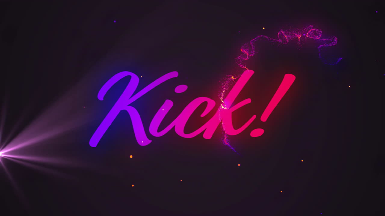 Kick! text animation with colorful light effects and particles on dark background