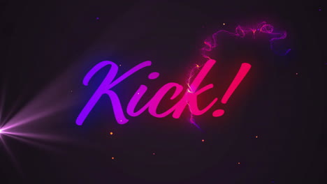 kick! text animation with colorful light effects and particles on dark background