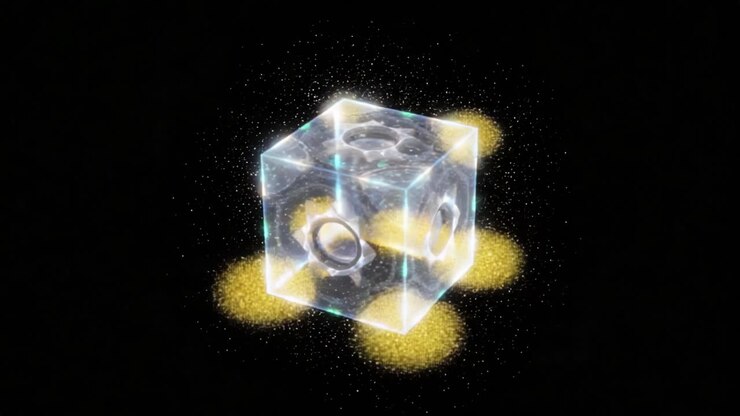 Selvlysende geometrisk form: En fantastisk rejse gennem transformationen af en krystalkube omgivet af kosmiske partikler og æteriske lyseffekter