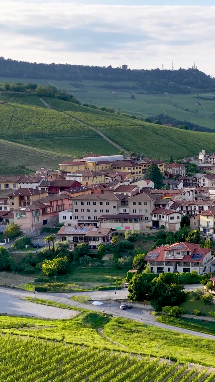 Questa ripresa aerea cattura lo storico borgo di Barolo immerso tra rigogliosi vigneti verdi italiani.