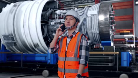 side view of asian male engineer with safety helmet talking on smartphone while standing with airplane engine maintenance conducted, analytics checking the turbine