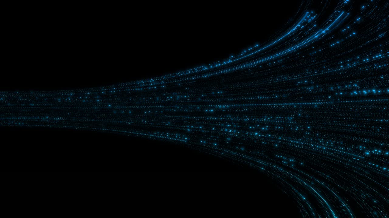 Futuristic animation flow luminous particle flares across dark space use of scattered light dots