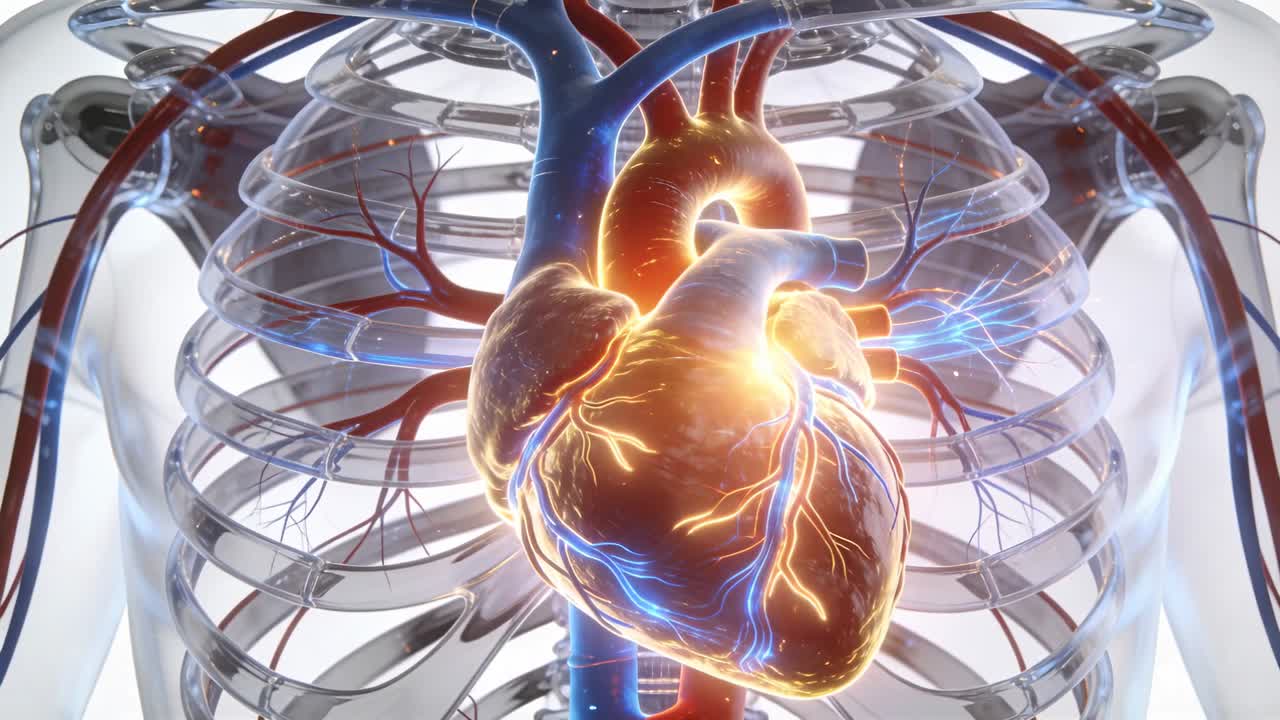 Video verticale: Impulso luminoso brillante che emana dal cuore, pulsando e inviando un bagliore lungo le arterie coronarie.