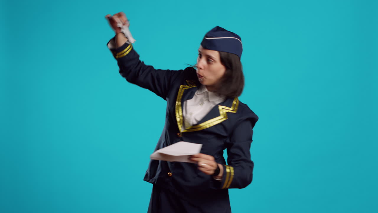 Positive stewardess playing with toy and paper plane