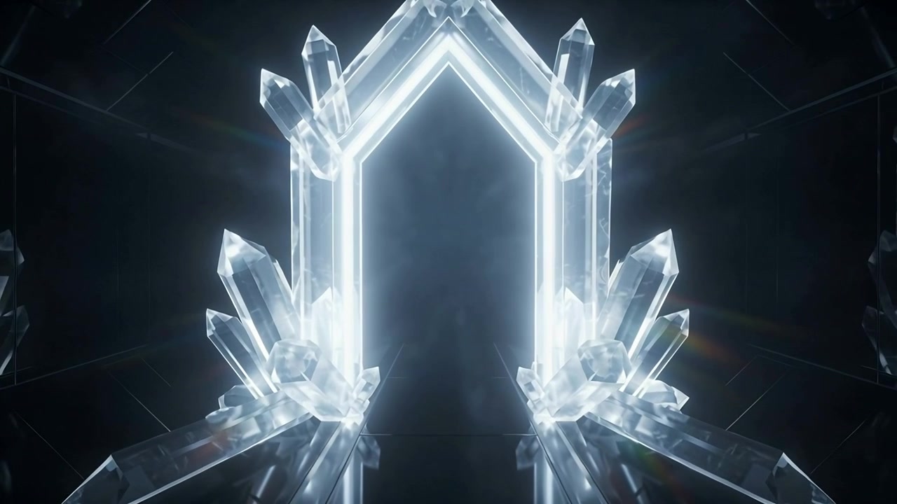 Zooming camera showing crystal arch in dark mirror chamber to reveal inner detail, with twin prisms