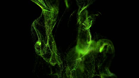corriente de partículas luminosas verdes bajo el agua en fondo negro corre en un campo esférico, lugar para su texto, logotipo. canal alfa como luma mate. efecto de tinta de advección.