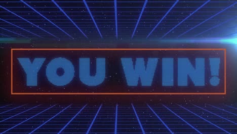 animation of you win text in rectangle over grid pattern against lens flares and space in background