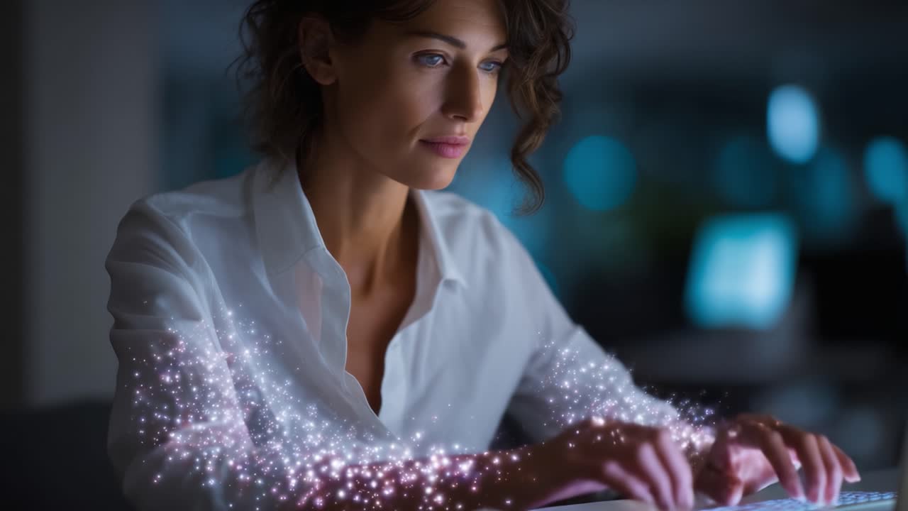 En kvinde fordybet i en magisk kodningsoplevelse, oplyst af magiske gnister fra sit tastatur, der viser kreativitet og innovation i et mørkt miljø