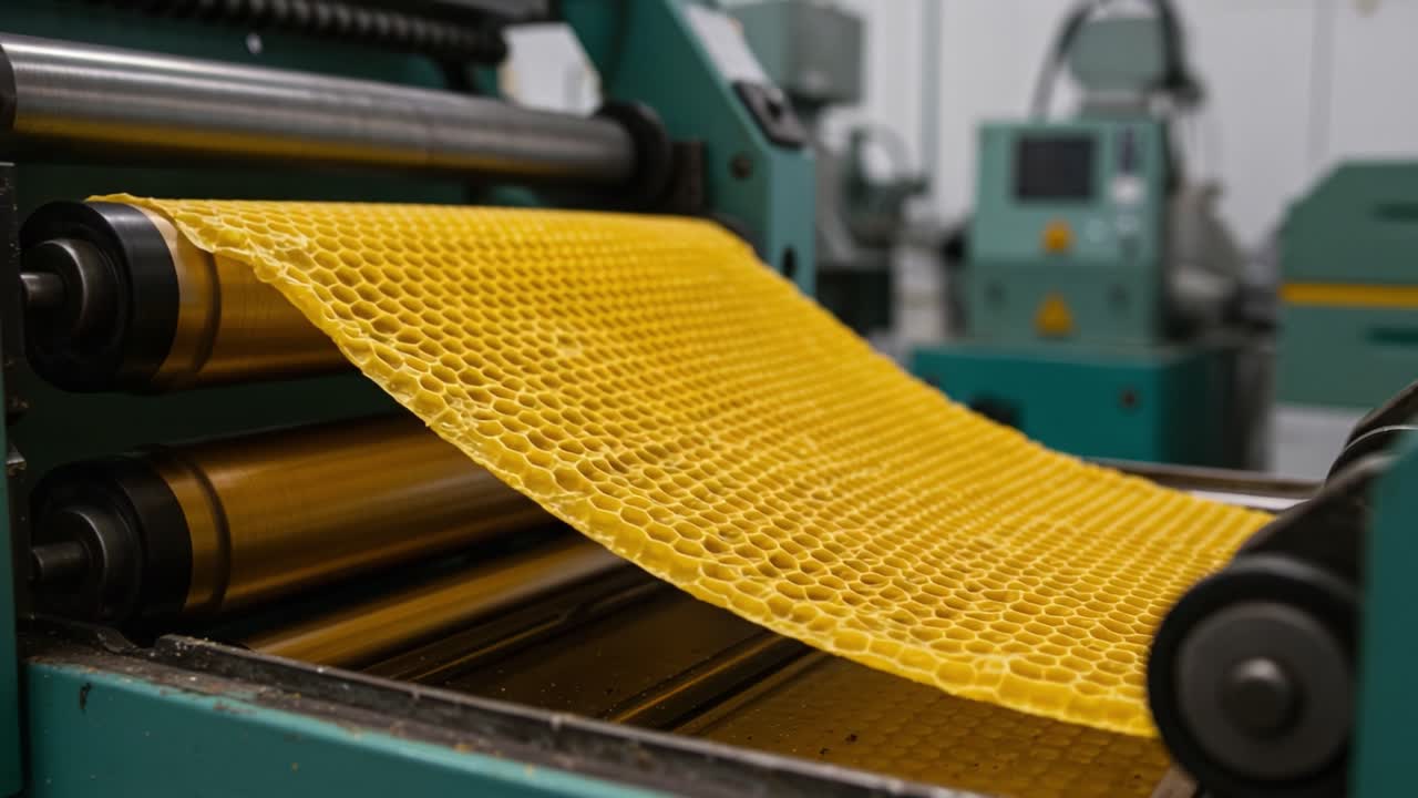 A Vibrant Roll of Yellow Honeycomb Material Being Processed Through Industrial Machinery, Showcasing Texture and Form for Crafting and Production Purposes