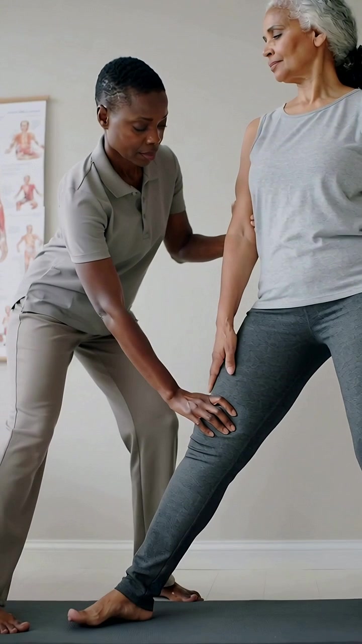 Vertical video: Placing hands therapist checking knee, guiding client in top into lunge in clinic