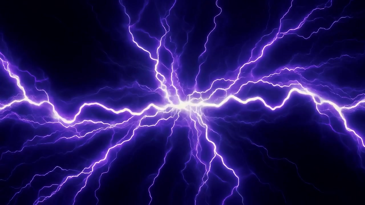 Intense Purple Electric Lightning Bolts Discharging on Black Background