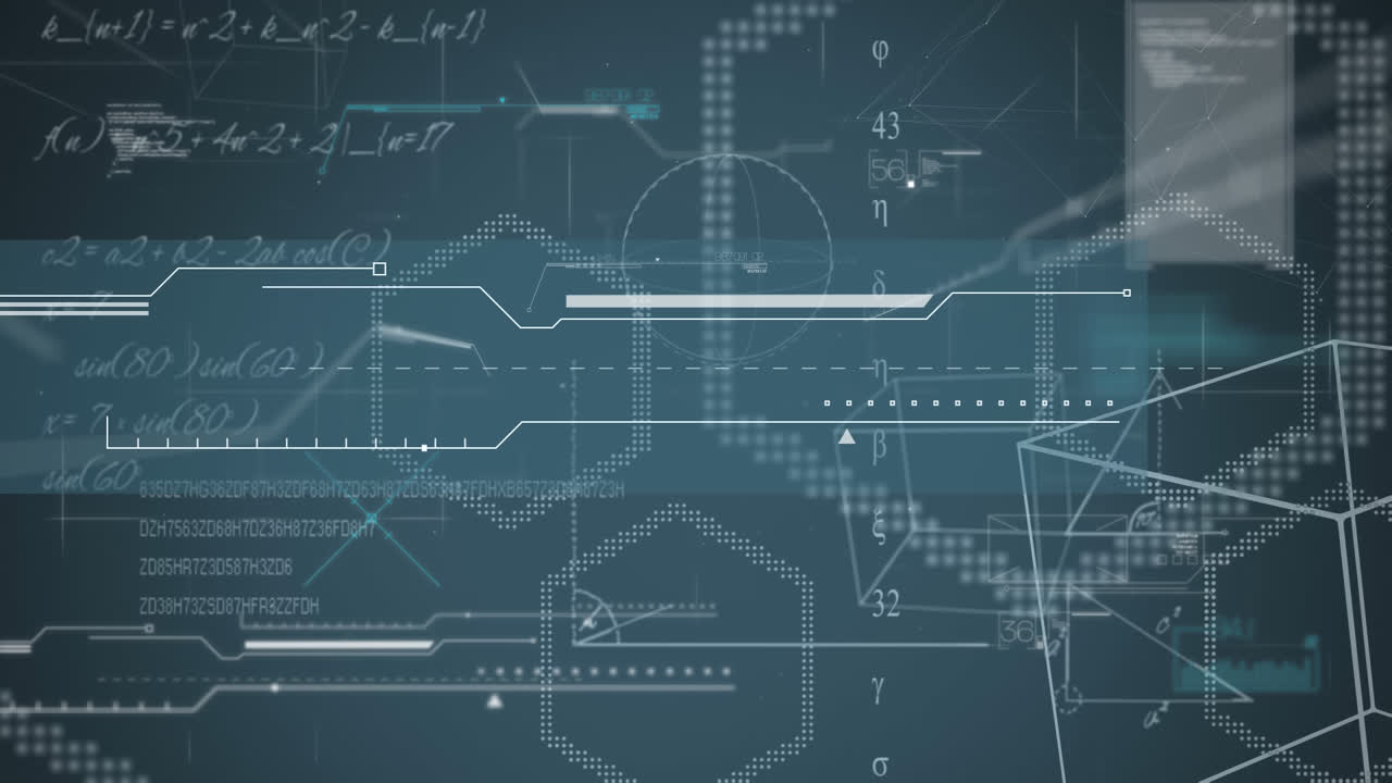 기하학적 모양의 애니메이션과 데이터 처리 및 파란색 배경의 화면 네트워크