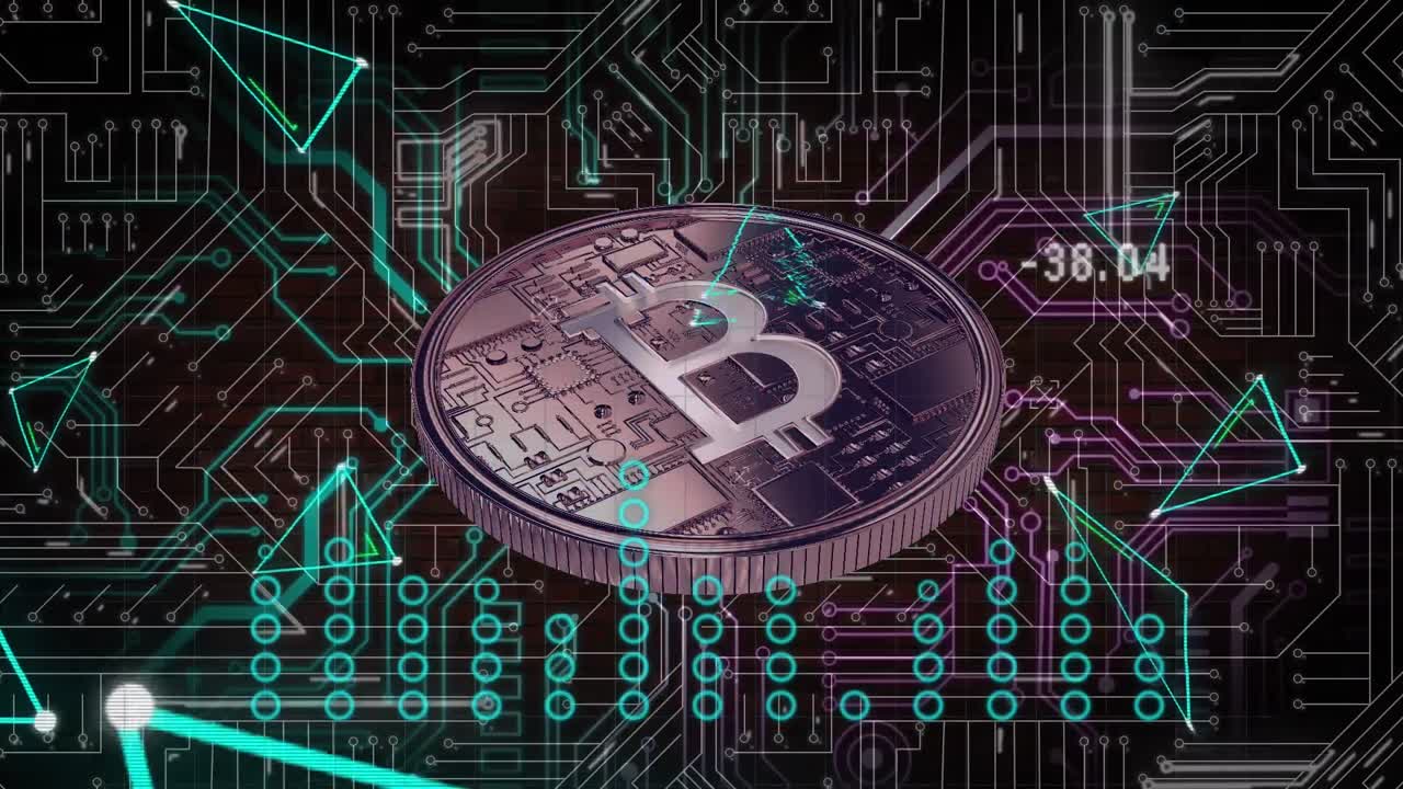 회로판과 비트코인을 통한 금융 데이터 처리 애니메이션
