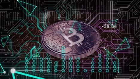 animación del procesamiento de datos financieros a través de placas de circuitos y bitcoin
