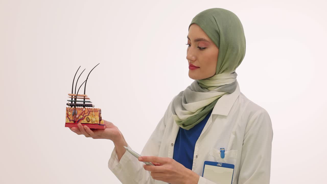 Female doctor or scientist explaining human skin and hair anatomy model