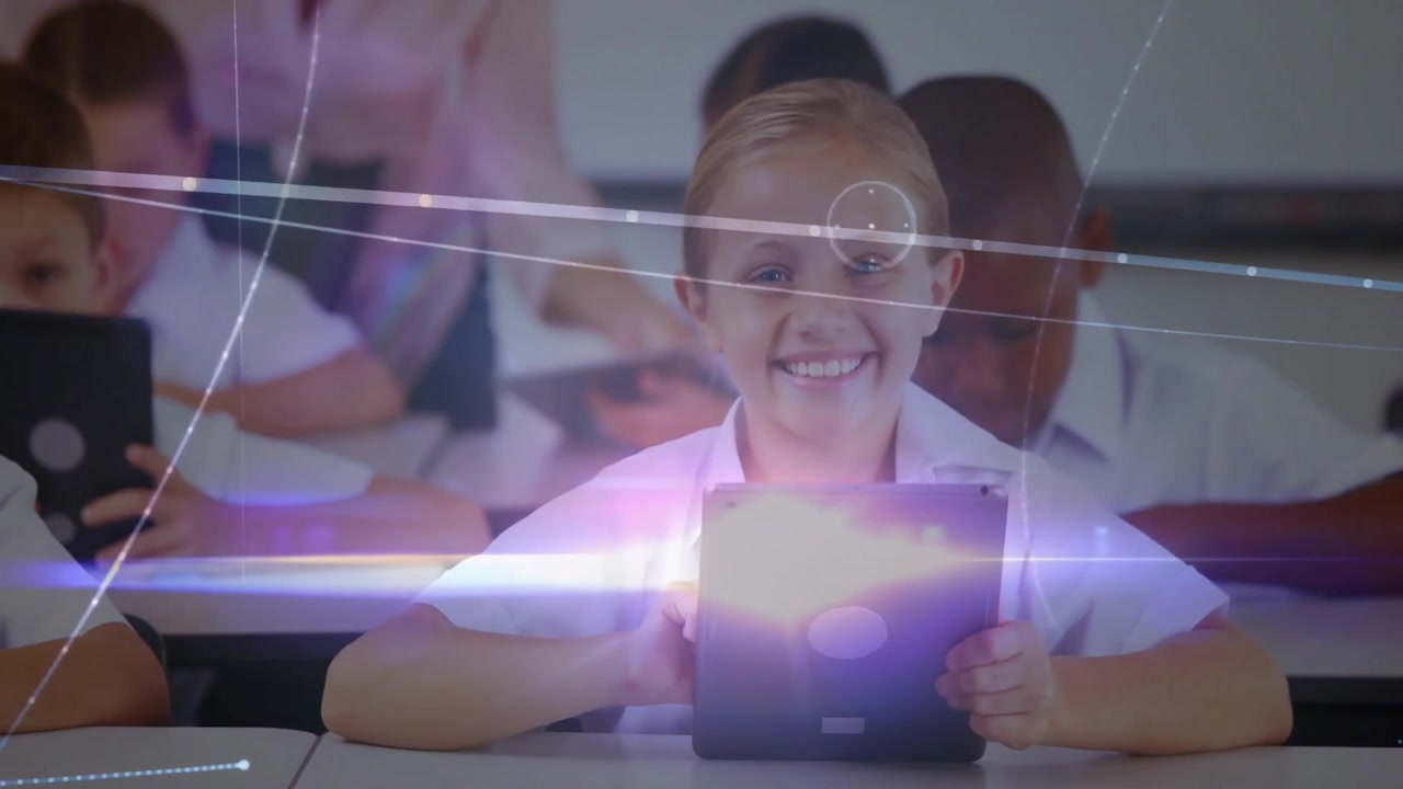 Teacher handing tablet to student, student tapping screen, activating overlay swirling in class