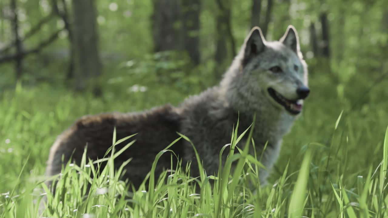 A grey wolf stands calmly in tall green grass, bathed in sunlight and framed by a lush forest in full spring bloom.