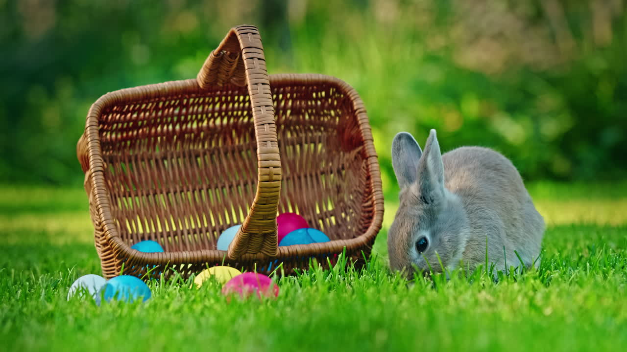 conejo de pascua con huevos coloridos en la canasta